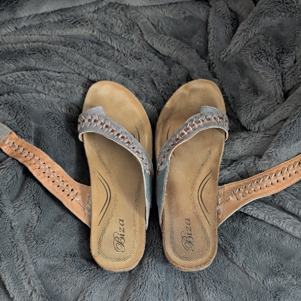 Biza Lexi thong sandals grey whiskey leather woven strap Boho Earthy Natural - Picture 8 of 13